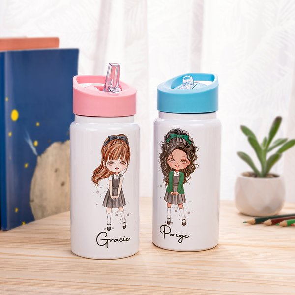 Personalized Multi-Color Cartoon Girls 14oz Kid Water Bottle with Name and Handle Birthday Back to School Gift for Girls