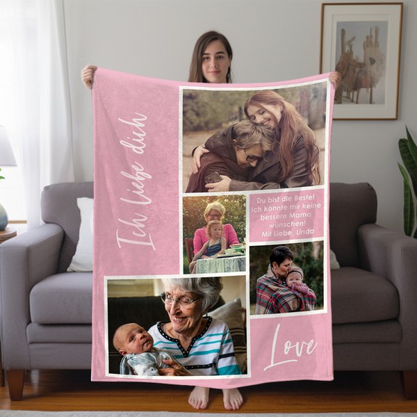 Personalisierte Liebe-Thema Weiche Decke mit 4 Fotos Collage Text Haus Deko Muttertag Weihnachten Geschenk für Familie