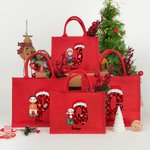 Gepersonaliseerde Cartoon Karakter op Gift Box rode Jute Tote Bag met naam en geruite kerstmuts initiële kerst partij Gunsten Gift voor kinderen famil