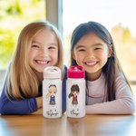 Botella de agua multicolor personalizada con nombre y asa para niños de 14 oz de dibujos animados Regalo de cumpleaños de vuelta al cole para niñas
