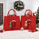 Gepersonaliseerde Cartoon Karakter op Gift Box rode Jute Tote Bag met naam en geruite kerstmuts initiële kerst partij Gunsten Gift voor kinderen famil