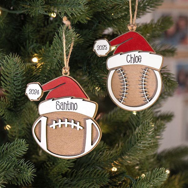 Personalized Baseball Volleyball Sports with Santa Hat Christmas Ornament with Name and Year Tree Decor Holiday Party Favors Gift for Coach Athlete