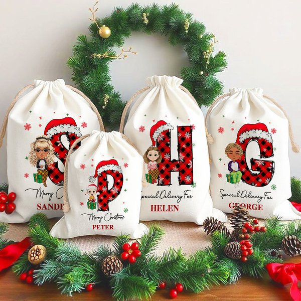 Gepersonaliseerde Kerst Cartoon Karakter Kerstmuts initiële Drawstring Bag Kerstfeest cadeau voor familie Jongens Meisjes