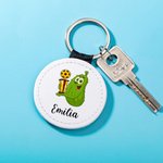 Personalized Leather Cartoon Pickled Cucumber Pickleball Name Keychain Birthday Funny Gift for Pickleball Lovers