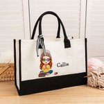 Gepersonaliseerde Leuke Cartoon Breiende Karakter Canvas Draagtas met Naam en Lint Kerstverjaardagscadeau voor Mam Oma Breiliefhebbers