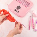 Personalised Pink Yarn Ball Pattern Hooks 8 Pcs Set with Storage Case with Name Birthday Mother's Day Gift for Sewing Crocheting Lovers