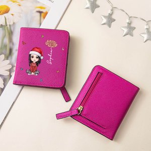 Henkilökohtainen sarjakuvahahmo Syntymä Kukka Nahka Compact Bifold Pocket lompakko nimi ja RIFD toiminto Syntymäpäivä joululahja naisille tytöille