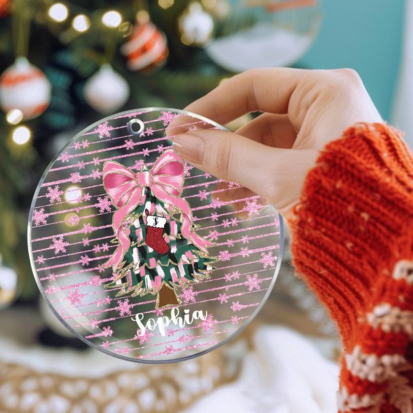 Gepersonaliseerd Glitter Boog Kerstboom Acryl Ornament met Naam en Voorletter Vakantie Decor Kerstcadeau voor Vriend Familie