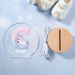 Veilleuse LED Personnalisée avec Nom et Initiale à Motif de Licorne Mignonne Base en Bois Cadeau Anniversaire Baby Shower pour Enfant Bébé