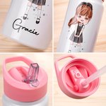 Botella de agua multicolor personalizada con nombre y asa para niños de 14 oz de dibujos animados Regalo de cumpleaños de vuelta al cole para niñas