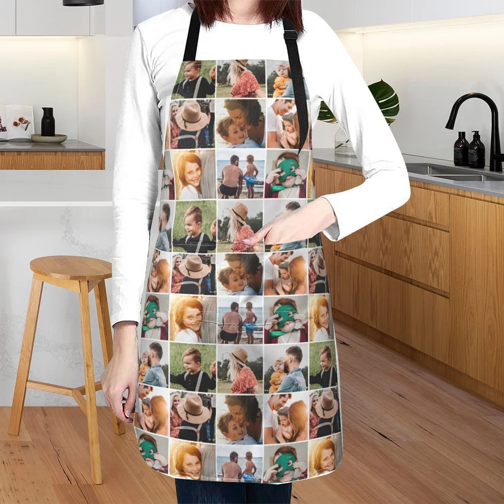 Tablier Imperméable Personnalisé avec 9 Photos Tablier Adjustable avec Poche Cadeau Noël Anniversaire Emménagement pour Amateur de la Cuisine