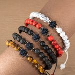 Personalized Dainty Sunflower Charm Photo Projection Adjustable Rope Bracelet with Tiger Eye Stone Beads Birthday Anniversary Gift for Women Men