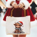 Personalised Christmas Hat  Highland Cow Leather Handle Canvas Tote Bag with Name Christmas Birthday Gift for Highland Cow Lovers