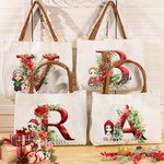 Personalized Holly Floral Initial Cartoon Character Canvas Tote Bag with Name and Leather Handle Christmas Birthday Gift for Girls Women
