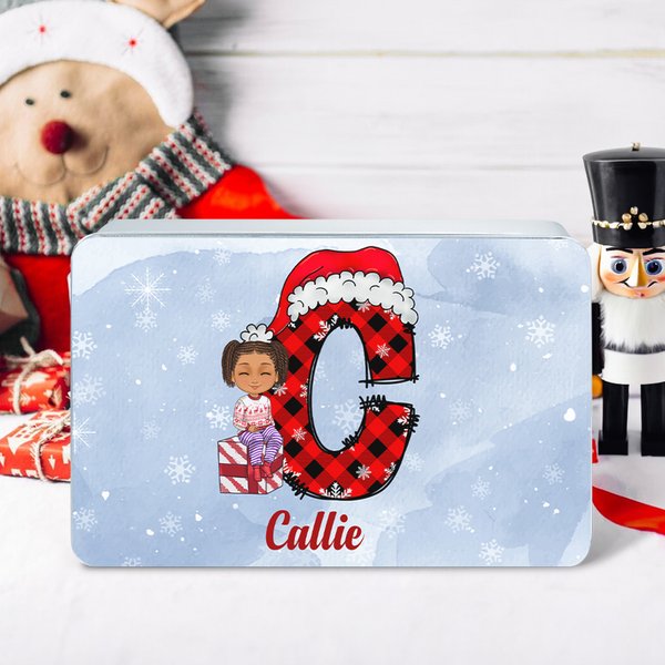 Personalized Cartoon Christmas Initial Food Grade Metal Biscuit Tin Box with Name Birthday Christmas Gift for Kids