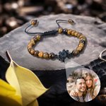 Personalized Dainty Sunflower Charm Photo Projection Adjustable Rope Bracelet with Tiger Eye Stone Beads Birthday Anniversary Gift for Women Men
