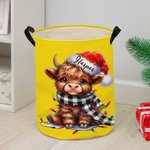 Personalised Santa Hat Highland Cow Storage Laundry Basket with Handle Name Housewarming Christmas Gift for Friends Family