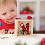 Tirelire en bois transparente avec bonnet de Père Noël Initiale Joyeux Noël Anniversaire Cadeau pour enfants