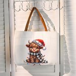 Personalised Christmas Hat  Highland Cow Leather Handle Canvas Tote Bag with Name Christmas Birthday Gift for Highland Cow Lovers