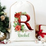 Sac de Noël personnalisé en 3D avec initiales florales Sac de Noël avec nom Cadeau de fête de Noël pour la famille Les enfants