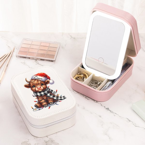 Gepersonaliseerde kerstmuts Highland Cow sieradendoos met naam LED veranderende kleur make-up spiegel verjaardag kerstcadeau voor Highland Cow liefheb