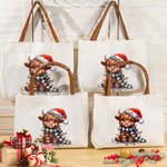 Personalised Christmas Hat  Highland Cow Leather Handle Canvas Tote Bag with Name Christmas Birthday Gift for Highland Cow Lovers