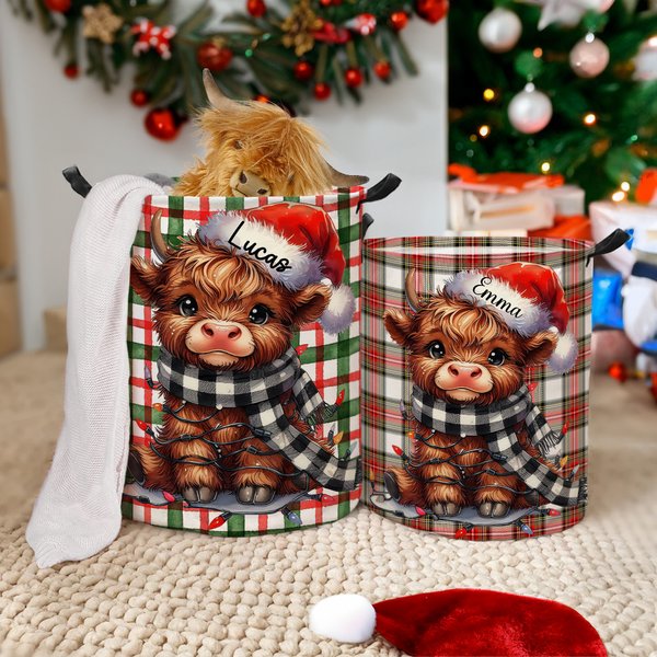 Personalized Santa Hat Highland Cow Storage Laundry Basket with Handle Name Housewarming Christmas Gift for Friends Family
