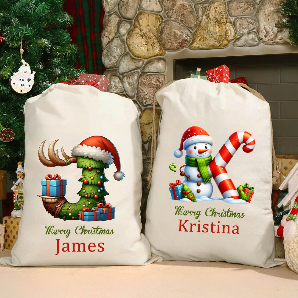 Sac Cadeau en Toile à Cordon Personnalisé avec Sapin de Noël Bonhomme de Neige Initiale et Nom Cadeau Fête de Noël pour Enfants et Famille