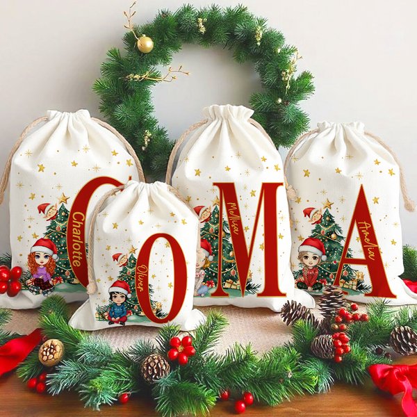 Gepersonaliseerde tekenfilm kerstboom karakter canvas koord tas kerstcadeau tas met initiaal en naam kerstcadeau voor familie vriend