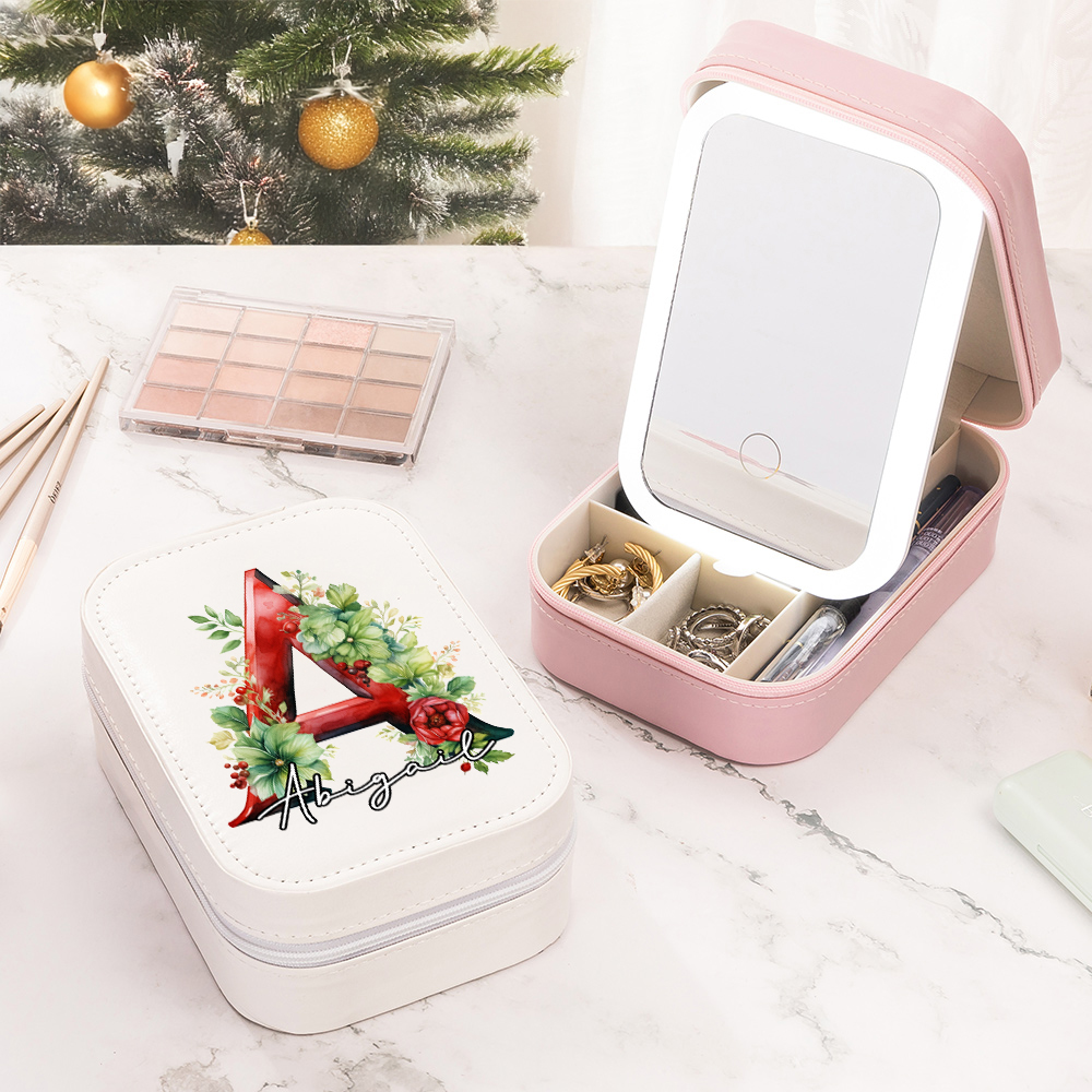 Boîte à bijoux personnalisée 3D Holly Floral Initial avec Nom Changement de couleur LED Miroir de maquillage Anniversaire Accessoires de voyage Cadeau