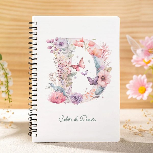 Cahier à Spirales A5 Personnalisé avec Nom Initiale en Fleur et Papillon 120 Pages Cadeau Anniversaire pour Fille Élève Camarade