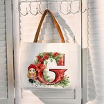 Personalized Holly Floral Initial Cartoon Character Canvas Tote Bag with Name and Leather Handle Christmas Birthday Gift for Girls Women