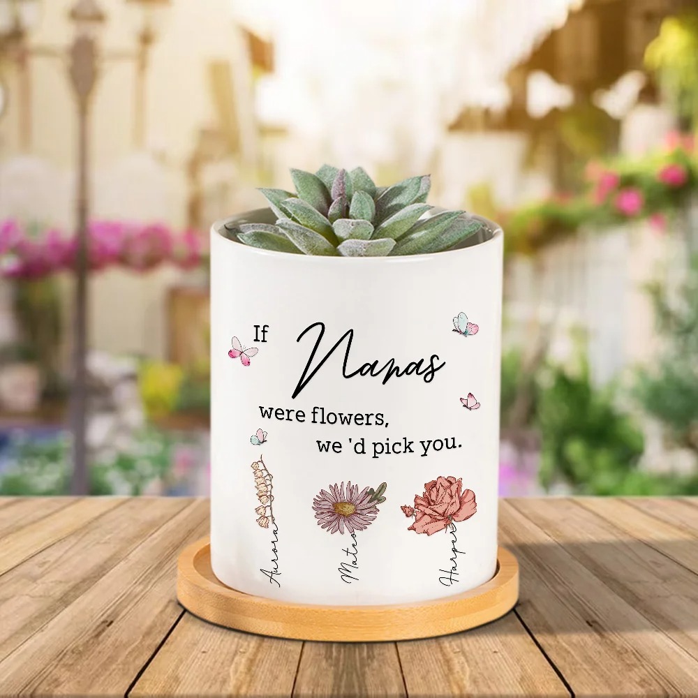 Pot en Céramique Personnalisé avec 1-16 Fleurs de Naissance et Noms Trou d'Évacuation Base en Bambou Cadeau Anniversaire Fête pour Maman Grand-mère