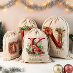 Sac de Noël personnalisé en 3D avec initiales florales Sac de Noël avec nom Cadeau de fête de Noël pour la famille Les enfants