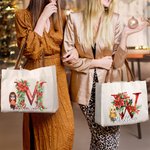 Personalized Holly Floral Initial Cartoon Character Canvas Tote Bag with Name and Leather Handle Christmas Birthday Gift for Girls Women
