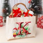 Personalized Holly Floral Initial Cartoon Character Canvas Tote Bag with Name and Leather Handle Christmas Birthday Gift for Girls Women