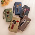 Personalized Cartoon Party Girl Birth Flower Name Folded Leather Wristlet Wallet with Card Holder Birthday Bridal Party Gift for Women