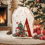 Personalized Cartoon Christmas Tree Character Canvas Drawstring Bag Christmas Gift Bag with Initial and Name Christmas Gift for Family Friend