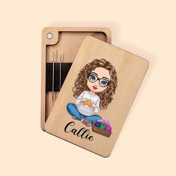 Personalised Cartoon Crochet Knitting Mom Grandma Wooden Needle Storage Box with Magnet and Name Christmas Birthday Gift for Women Craft Lovers