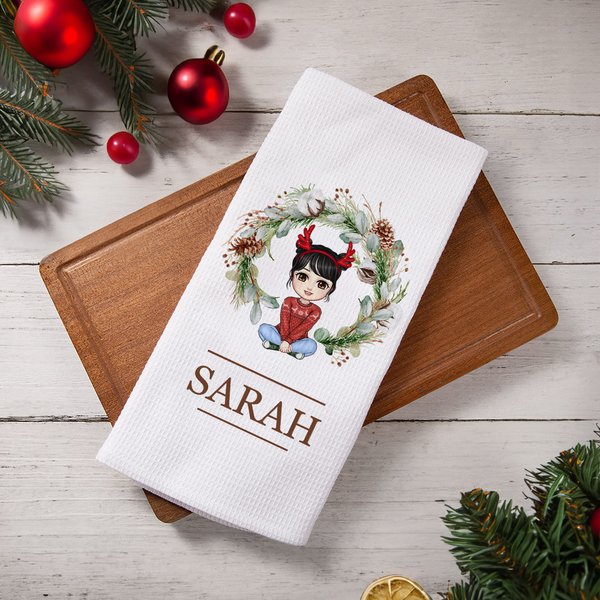 Personalized Cute Cartoon Characters Wreath Waffle Tea Towel with Name Kitchen Decor Christmas Gift for Family Friends