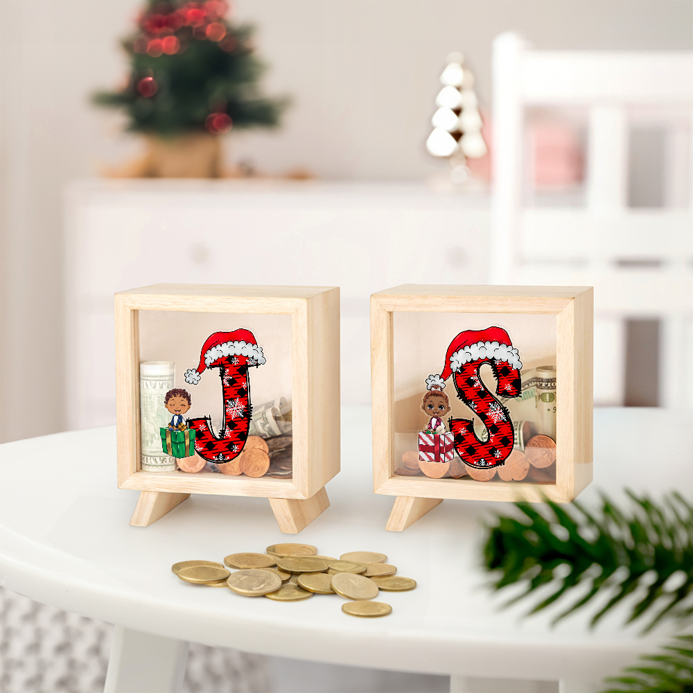 Tirelire en bois transparente avec bonnet de Père Noël Initiale Joyeux Noël Anniversaire Cadeau pour enfants