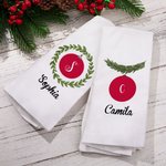 Personalized Holly Wreath Christmas Ball Super Absorbent Microfiber Waffle Towel with Initial and Name Holiday Party Kitchen Decor Gift for Family