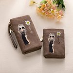 Personalized Cartoon Party Girl Birth Flower Name Folded Leather Wristlet Wallet with Card Holder Birthday Bridal Party Gift for Women