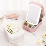 Boîte à bijoux en cuir personnalisée avec nom et miroir de maquillage LED de couleur changeante Cadeau de voyage pour les femmes