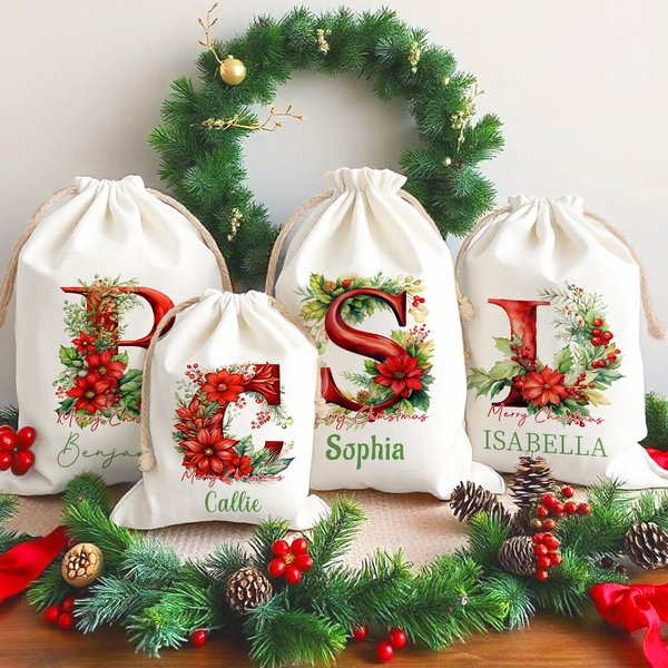 Personalisierte 3D Floral Initial Weihnachten Sack Drawstring behandeln Tasche mit Namen Weihnachten Party Gunst Geschenk für Familie Kinder