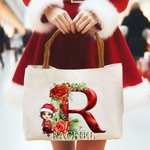 Personalized Holly Floral Initial Cartoon Character Canvas Tote Bag with Name and Leather Handle Christmas Birthday Gift for Girls Women