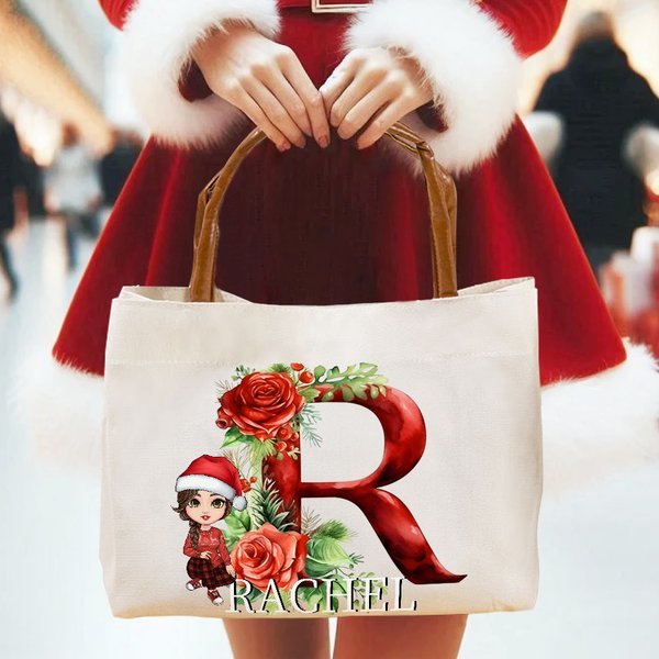 Personnalisé Holly Floral Initial Cartoon Character Canvas Tote Bag avec nom et poignée en cuir Christmas Birthday Gift for Girls Women