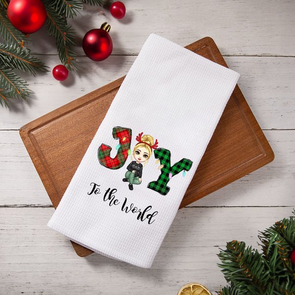 Personalized Colored Lights Plaid Joy To The World Cartoon Super Absorbent Microfiber Waffle Tea Towel Kitchen Decor Christmas Gift for Family Friend