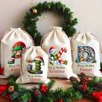 Personalised Christmas Tree Snowman Elf Igloo Drawstring Canvas Gift Bag with Name Initial Christmas Party Favors Gift for Kids Family
