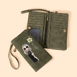 Personalized Cartoon Party Girl Birth Flower Name Folded Leather Wristlet Wallet with Card Holder Birthday Bridal Party Gift for Women